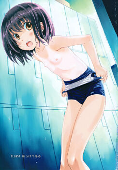 1girl :o black_hair blush brown_eyes clothes_pull comic_rin female_focus flat_chest focke_wulf highres leaning_forward locker locker_room loli navel nipples one-piece_swimsuit one-piece_swimsuit_pull one-piece_tan open_mouth school_swimsuit short_hair solo source_request swimsuit tan tanline undressing wet