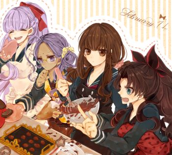 10s 4girls baking bindi dark-skinned_female dark_skin dotted_line fate/extra fate/extra_ccc fate/stay_night fate_(series) glasses hair_up kishinami_hakuno_(female) matou_sakura matou_sakura_(fate/extra) momiji_(00mmj00) multiple_girls purple_hair rani_viii school_uniform serafuku tohsaka_rin