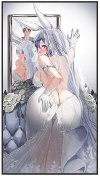 1boy 1girl \||/ absurdres animal_ears ass azur_lane backless_dress backless_outfit bare_shoulders bent_over between_buttocks black_hair black_jacket black_necktie blue_hair blush bouquet breasts bridal_veil butt_crack cleavage come_hither different_reflection double_\||/ dress faceless flower from_behind full-face_blush gloves grey_eyes hair_ornament hand_up highres implied_sex indoors jacket jesh_art large_breasts leaning_forward legs_together long_hair looking_at_viewer looking_back mirror necktie new_jersey_(azur_lane) new_jersey_(snow-white_ceremony)_(azur_lane) official_alternate_costume panties rabbit_ears rabbit_girl reflection signature sparkle standing star_(symbol) star_hair_ornament thigh_gap thighs underwear veil wedding_dress white_dress white_gloves white_panties
