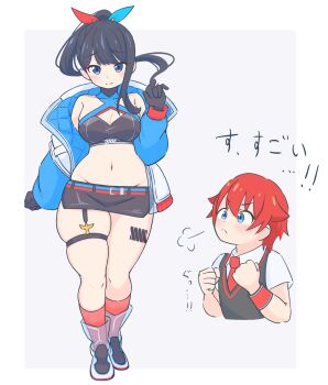 1boy 1girl bare_shoulders black_gloves black_hair black_shirt black_skirt black_sweater_vest blue_coat blue_eyes blue_jacket blush breasts character_name cleavage clenched_hands coat crop_top curvy gloves grey_background gridman_universe hibiki_yuuta highres jacket large_breasts leg_tattoo long_hair long_sleeves looking_at_viewer medium_breasts microskirt navel necktie official_alternate_costume official_alternate_hairstyle open_clothes open_jacket ponytail puffy_long_sleeves puffy_sleeves purple_eyes red_hair red_necktie red_socks shirt sidelocks simple_background skindentation skirt smile socks solo ssss.gridman stomach sweater_vest takarada_rikka tattoo thick_thighs thigh_strap thighs translated uncool_mochi white_background white_shirt wide_hips