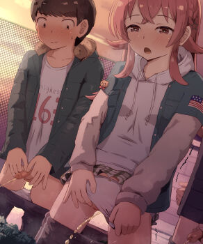 1girl 2boys absurdres bike_shorts black_eyes black_hair black_shorts blue_jacket blue_vest blush breasts censored closed_mouth clothes_pull clothing_aside commentary_request constricted_pupils drawstring evening green_skirt highres hood hood_down hoodie idolmaster idolmaster_shiny_colors jacket komiya_kaho loli long_hair long_sleeves miniskirt mosaic_censoring multiple_boys nose_blush open_mouth outdoors paid_reward_available panties panties_aside pee peeing peeing_together penis pink_eyes pink_hair pleated_skirt seneto shirt short_hair shorts shorts_pull shota skirt small_breasts small_penis underwear vest white_hoodie white_panties white_shirt