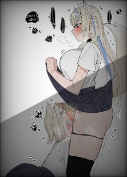 2girls animal_ear_fluff animal_ears black_panties black_skirt black_thighhighs blonde_hair blue_hair blush breasts carrot_011 clothes_lift commentary cunnilingus dog_ears dog_girl dog_tail english_commentary fuwawa_abyssgard heart highres hololive hololive_english incest large_breasts long_hair mococo_abyssgard multicolored_hair multiple_girls oral panties panty_pull pink_eyes pink_hair pleated_skirt pussy_juice shirt short_hair short_sleeves siblings sisters skirt skirt_lift speech_bubble spoken_heart standing standing_cunnilingus streaked_hair sweat tail thighhighs twincest twins twintails underwear virtual_youtuber white_shirt yuri