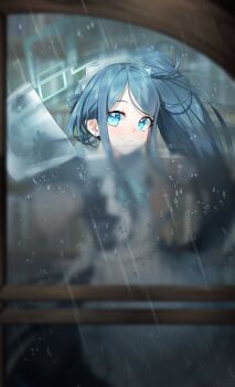 1girl absurdres aqua_eyes aqua_halo aris_(blue_archive) aris_(maid)_(blue_archive) blue_archive blue_eyes blurry blurry_foreground cleaning cleaning_windows commentary_request cowboy_shot halo highres korean_commentary long_hair looking_at_viewer maid maid_headdress rain side_ponytail smile solo walking_nakta window