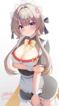 Rule 34 | 1girl, alternate costume, anger vein, apron, arm under breasts, black dress, blue eyes, blush, bow, bowtie, breasts, brown hair, cleavage, closed mouth, commentary request, dress, frilled apron, frills, genshin impact, hair between eyes, highres, hyakuya iori, large breasts, looking at viewer, puffy short sleeves, puffy sleeves, sandrone (genshin impact), short hair with long locks, short sleeves, solo, thighhighs, twitter username, white apron, white background, white thighhighs, white wrist cuffs, wrist cuffs, yellow bow, yellow bowtie