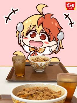 +++ 1girl ahoge blush_stickers chibi chibi_only commentary_request cup drinking_glass drooling dual_wielding food gyuudon highres holding holding_spoon mouth_drool multicolored_hair niwatari_kutaka open_mouth photo_background red_eyes red_hair shirt shitacemayo smile solo spoon sukiya touhou two-tone_hair white_shirt wings yellow_wings