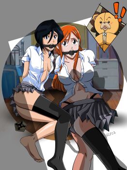1boy 2girls absurdres arms_behind_back bdsm bed bedroom black_hair blanket bleach bondage bound bound2draw bound_arms bound_wrists breasts button_gap cleavage cleave_gag cloth_gag collared_shirt double-parted_bangs gag gagged hair_ornament hairclip highres improvised_gag indoors inoue_orihime karakura_high_school_uniform kon_(bleach) kuchiki_rukia large_breasts long_hair multiple_girls orange_hair partially_unbuttoned restrained school_uniform sentient_stuffed_toy shirt short_hair short_sleeves skirt snowflake_hair_ornament soles stuffed_animal stuffed_lion stuffed_toy unbuttoned unbuttoned_shirt white_shirt wooden_floor