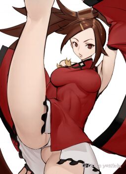 Rule 34 | 1girl, akisa yositake, ass, axe kick, bare legs, bare shoulders, breasts, brown eyes, brown hair, china dress, chinese clothes, detached sleeves, dress, fighting stance, gluteal fold, guilty gear, guilty gear xrd, hair ornament, hair rings, hairclip, high kick, highres, kicking, kuradoberi jam, long hair, long legs, looking at viewer, medium breasts, panties, parted lips, red dress, simple background, solo, standing, standing on one leg, underwear, very long hair, white panties, wide sleeves