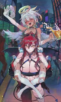 2girls absurdres aki_(maenoo) alcohol angel_wings bandage_on_face bandaged_arm bandages bare_shoulders batman_(series) black_choker black_jacket black_thighhighs blush bow bowtie breasts building carrying carrying_person character_request choker cityscape cleavage closed_eyes crop_top dc_comics demon_horns demon_tail demon_wings facepaint fake_halo fishnet_thighhighs fishnets formal_clothes garter_straps green_hair hair_between_eyes halloween_costume halo hands_in_pocket hat heart heart_o-ring high_collar highres horns jacket large_breasts long_hair looking_at_viewer maenoo multiple_girls o-ring off_shoulder ofuda open_clothes open_jacket open_mouth original outdoors pants piggyback pink_hair pointing qingdai_guanmao red_hair red_suit road shirt short_hair sidelocks sleeveless sleeveless_shirt spiked_choker spikes stitched_face stitches street suit sweatdrop tail the_joker thighhighs torn_clothes torn_pants walking white_hair white_shirt white_thighhighs wings yellow_eyes