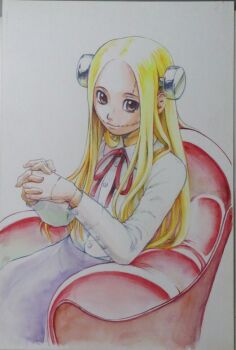 1girl armchair blonde_hair bolt_(hardware) brown_eyes chair commentary_request franken_fran kigitsu_katsuhisa light_smile long_hair looking_at_viewer madaraki_fran official_art own_hands_together photo_(medium) sitting skirt solo stitches traditional_media