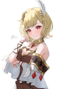 Rule 34 | 1girl, arm under breasts, bare shoulders, blonde hair, breasts, brown dress, citrinne (fire emblem), cleavage, closed mouth, dress, earrings, fire emblem, fire emblem engage, gold choker, gold trim, hair ornament, hand up, highres, hoop earrings, jewelry, medium breasts, mismatched earrings, mugitoro (dsfv2277), nintendo, red eyes, smile, solo, upper body, wing hair ornament