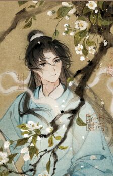 Rule 34 | 1boy, absurdres, black hair, branch, brown eyes, chinese clothes, chinese commentary, commentary request, commission, flower, hair bun, hanfu, highres, ink wash painting, long hair, long sleeves, male focus, maomao fulvshui, original, pear blossoms, solo, topknot, upper body, watermark, white flower, yuanlingpao