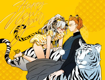 2boys :d animal_ear_hairband animal_ears animal_print arm_support bent_over chest_ribbon chinese_zodiac closed_mouth clothing_request commentary_request crossdressing crossdressing_(mtf) dress earrings fake_animal_ears fake_tail foot_up_heel_up full_body gatchaman_crowds gatchaman_crowds_insight glasses green_eyes grey_hair grey_hakama hair_between_eyes hair_slicked_back hairband hakama hakama_pants happy_new_year hayami_sukaruchinofu high_heels highres japanese_clothes jewelry kneeling leopard_ears leopard_print leopard_tail long_hair looking_at_viewer multiple_boys narrowed_eyes new_year ninomiya_rui open_mouth orange_hair pants petting ponytail print_dress print_shoes profile red-framed_eyewear ribbon riding riding_animal round_eyewear serious short_dress side_slit sidelocks sideways_glance sitting smile straddling strappy_heels stud_earrings suzuki_rizumu tail tiger trap tsurime upper_body very_long_hair white_tiger yaoi year_of_the_tiger yellow_background yellow_ribbon yellow_trim