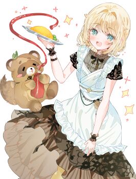 1girl :d absurdres apron aqua_eyes black_dress black_sleeves blonde_hair commentary_request dress food frilled_apron frills hair_flaps hair_intakes highres holding holding_plate hololive kazama_iroha kazama_iroha_(maid) ketchup ketchup_bottle lace lace_sleeves looking_at_viewer maid_apron medium_hair neck_ribbon official_alternate_costume omelet omurice open_mouth plate ribbon simple_background smile solo teeth upper_teeth_only wasemkn white_apron white_background wrist_cuffs