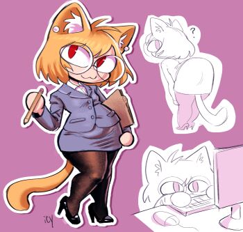 :3 ? animal_ear_fluff animal_ears artist_name bent_over black_leggings blonde_hair cat_ears cat_girl cat_tail commentary computer computer_keyboard computer_mouse earrings english_commentary folder formal_clothes full_body grey_skirt grey_suit high_heels highres iseenudepeople jewelry leggings melty_blood monitor multiple_views neco-arc neco_spirit office_lady pencil pink_background red_eyes signature simple_background skirt skirt_suit suit tail tsukihime tsukihime_(remake)