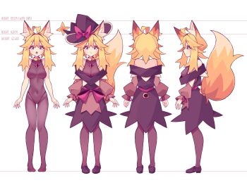 1girl :> absurdres ahoge animal_ears bare_shoulders black_hat blonde_hair blush bodystocking bow breasts closed_mouth commentary covered_collarbone covered_navel double-parted_bangs english_commentary fox_ears fox_girl fox_tail full_body hair_between_eyes hat hat_bow highres kazumiskill large_breasts long_sidelocks long_sleeves looking_at_viewer medium_hair open_mouth original red_bow red_eyes reference_sheet sidelocks smile solo tail witch_hat