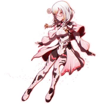 1girl armored_core armored_core_vi:_fires_of_rubicon ayre_(armored_core_vi) ayre_(armored_core_vi)_(cosplay) bodysuit braid breasts capelet commentary_request commission cosplay fingerless_gloves glasses gloves grey_hair highres indie_virtual_youtuber kanna_yanagi low_twin_braids medium_breasts red_aura red_eyes short_eyebrows simple_background siratori_(yy_203) skeb_commission solo twin_braids virtual_youtuber white_background