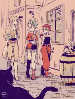 3girls apple bag barrel bead_bracelet beads black_cape black_shirt blonde_hair boots bottle bracelet breasts brick_road cape celes_chere dress final_fantasy final_fantasy_vi food fruit full_body green_hair half_updo hat holding holding_bag jacket jewelry light_blush light_frown long_hair looking_at_another medium_breasts multiple_girls panties pants parted_lips ponytail red_boots red_dress red_hat red_pants relm_arrowny sash shirt short_dress short_hair sparkle tina_branford twintails uedymummy0921 underwear waist_sash walking white_boots window yellow_jacket yellow_panties
