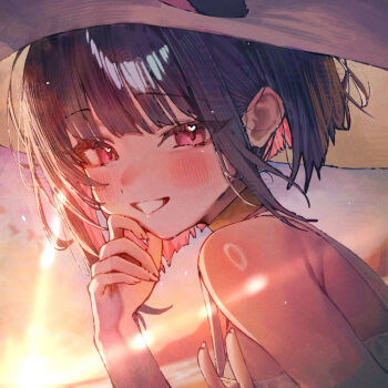 1girl alternate_costume animal_ears bare_shoulders betabeet black_hair blue_archive blush cat_ears cat_girl commentary extra_ears hat highres kazusa_(blue_archive) looking_at_viewer pink_eyes pink_hair short_hair smile solo sun_hat sunlight sunset white_hat
