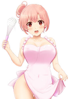 1girl absurdres apron apron_lift blush breasts clothes_lift collarbone commentary_request contrapposto covered_erect_nipples covered_navel cowboy_shot cream cream_on_face food food_on_face hair_bun highres holding holding_whisk inanaki_shiki large_breasts lifting_own_clothes looking_at_viewer naked_apron open_mouth orange_eyes orange_hair pink_apron short_hair simple_background single_hair_bun solo standing whisk white_background yahari_ore_no_seishun_lovecome_wa_machigatteiru. yuigahama_yui