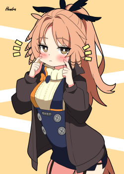 1girl absurdres arknights artist_name bird_girl bird_tail blue_dress blush breasts brown_eyes brown_jacket closed_mouth commentary_request cowboy_shot dress feather_hair garter_straps hendra highres jacket long_hair long_sleeves looking_at_viewer medium_breasts notice_lines orange_background orange_hair partial_commentary pinecone_(arknights) ponytail puffy_long_sleeves puffy_sleeves signature simple_background solo sweater tail white_sweater