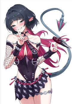1girl animal_ear_piercing animal_ears aqua_eyes artist_name bare_shoulders belt black_hair black_one-piece_swimsuit black_skirt blunt_bangs blush breast_curtains breasts choker collarbone combat_knife commentary covered_navel cowboy_shot detached_sleeves english_commentary fishnet_sleeves fishnets floating_hair grey_tail grin groin hairstyle_request half-closed_eyes hands_up highres index_finger_raised jane_doe_(nocturne_of_light)_(zenless_zone_zero) jane_doe_(zenless_zone_zero) jewelry knife long_hair looking_at_viewer medium_breasts microskirt mouse_ears mouse_girl mouse_tail multicolored_hair notched_ear o-ring o-ring_choker o-ring_swimsuit one-piece_swimsuit pink_hair pink_nails red_belt red_one-piece_swimsuit sharp_tail simple_background skirt smile solo spinning_weapon standing swimsuit tail tail_raised thighlet tsukigix tsurime two-tone_hair two-tone_one-piece_swimsuit weapon white_background zenless_zone_zero
