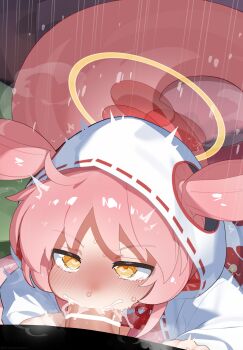 1boy 1girl absurdres bar_censor blush censored collarbone deepthroat dress fellatio flat_chest hair_through_headwear halo heart heart_in_eye hetero highres hood hood_up hooded_jacket jacket jigokudani_fululu lamia large_penis large_variant_set loli long_hair long_sleeves mamoru-kun_wa_norowarete_shimatta! mizumizuni monster_girl nose_blush open_mouth oral penis pink_dress pink_hair pov rolling_eyes sweat symbol_in_eye variant_set white_jacket yellow_eyes yellow_halo