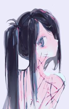 1girl ame-chan_(needy_girl_overdose) black_eyes black_hair bleeding blood breasts expressionless from_behind hair_ornament highres injury large_breasts long_sidelocks looking_at_viewer multiple_scars needy_girl_overdose ponytail ricinxxx scar scar_on_arm scar_on_back scar_on_shoulder scars_all_over self-harm sidelocks solo steam too_many upper_body x_hair_ornament