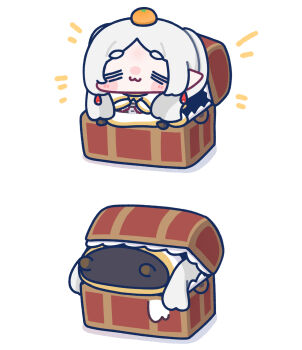 1girl :3 =_= blush_stickers capelet chibi food food_on_head frieren frieren_stuck_in_a_mimic_(meme) fruit grey_hair hair_over_shoulder highres long_sleeves mandarin_orange meme mimic mimic_chest object_on_head photo-referenced simple_background sitting skirt sousou_no_frieren teeth twintails white_background white_capelet white_skirt yananang