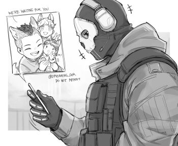 1girl 3boys animal_ears bulletproof_vest call_of_duty call_of_duty:_modern_warfare_2 closed_eyes dog_boy dog_ears dog_girl dreaming_oor english_text facial_hair ghost_(modern_warfare_2) gloves greyscale headphones holding holding_phone jacket male_focus mask monochrome multiple_boys open_mouth phone short_hair skull_mask smile soap_(modern_warfare_2) twitter_username