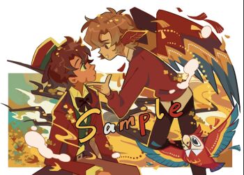 2boys animal_ears baozha_an_zi_annnx bird bird_boy bird_ears bird_wings black_bow black_bowtie border bow bowtie brown_eyes brown_hair coat commission eye_contact from_side goodtimeswithscar goodtimeswithscar_(tycoon) green_eyes green_vest grian_(youtuber) hat head_wings hermitcraft long_sleeves looking_at_another male_focus mihuashi_commission minecraft_youtube multiple_boys official_alternate_costume open_clothes open_coat parrot parrot_boy red_coat red_hat red_sweater sample_watermark scar short_hair sitting sweater toon_(style) vest watermark white_border wings