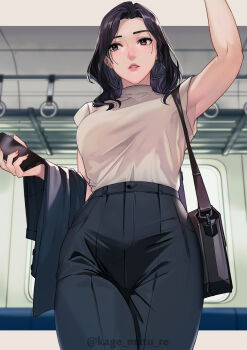 1girl absurdres arm_up armpits bag black_bag black_eyes black_hair black_jacket black_pants breasts cellphone commentary_request cowboy_shot fingernails highres holding holding_jacket holding_phone holding_unworn_clothes jacket kagematsuri large_breasts long_fingernails long_hair looking_at_viewer mole mole_under_eye office_lady original pants parted_lips phone shirt shoulder_bag smartphone solo train_interior twitter_username unworn_jacket white_shirt