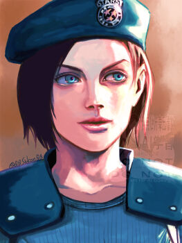 1girl artist_name beret blue_eyes blue_hat blue_shirt brown_hair hat highres jill_valentine ma_2 resident_evil resident_evil_1 shirt shoulder_pads smile watermark