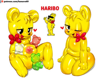 Rule 34 | 1girl, 3others, :p, blush, bow, bowtie, candy, completely nude, english text, gummy bear, hanuvo, haribo, heart, mascot, multiple others, multiple views, nude, one eye closed, patreon logo, patreon username, pregnant, reference inset, shiny skin, simple background, tongue, tongue out, white background, wink