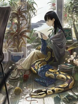 1girl animal animal_on_lap ball_python barefoot bayashiko beach black_hair book book_stack chair closed_mouth commentary earrings english_commentary full_body green_shirt grey_shawl holding holding_needle indoors jewelry knitting knitting_needle lantern long_hair long_skirt long_sleeves looking_at_object needle ocean on_lap open_door open_mouth original plant potted_plant profile python red_yarn sand shawl shirt skirt sky snake solo straight_hair white_sky window wooden_floor yarn yarn_ball yellow_skirt
