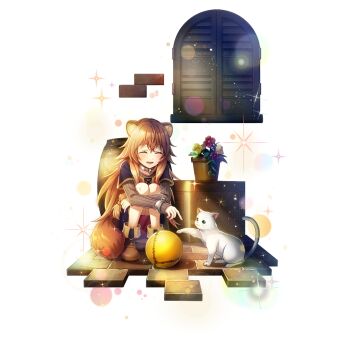 1girl :d ^_^ animal_ear_fluff animal_ears ankle_boots artist_request barrel black_dress boots brick_floor brown_boots brown_hair cat child closed_eyes collar crate crossed_arms dress flower flower_request full_body game_cg grey_dress hair_between_eyes layered_dress light_particles long_hair long_sleeves messy_hair metal_collar metal_wrist_cuffs official_art open_mouth plant playing_with_animal potted_plant raccoon_ears raccoon_girl raccoon_tail raphtalia red_dress red_flower short_sleeves simple_background smile solo sparkle squatting tail tate_no_yuusha_no_nariagari tate_no_yuusha_no_nariagari_rerise transparent_background two-tone_dress white_cat white_flower window_shutter yellow_flower