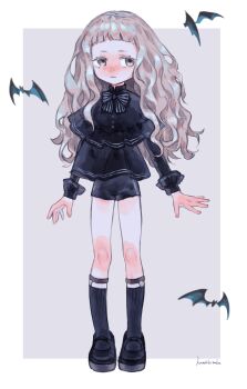 1girl absurdres bat_(animal) black_shirt blunt_bangs blush capelet expressionless full_body grey_eyes grey_hair highres kurashiki_touka long_hair looking_to_the_side mary_janes original shirt shoes shorts socks solo