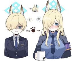 Rule 34 | 1girl, animal ears, asymmetrical bangs, blonde hair, blue archive, blue jacket, blue necktie, blue shirt, blush, breasts, chibi, chibi inset, commentary request, cropped torso, cup, dalgam12, hair over one eye, halo, highres, holding, holding cup, jacket, kanna (blue archive), kanna (young) (blue archive), large breasts, long hair, looking at viewer, medium breasts, mug, multiple views, necktie, nose blush, one eye covered, sharp teeth, shirt, short hair, simple background, spoken squiggle, squiggle, teeth, translation request, upper body, white background