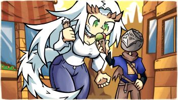 1boy 1girl black_shirt blue_shirt border breasts casual chosen_undead cleavage contemporary couple cowboy_shot dark_souls_(series) dark_souls_i dating denim food hetero highres holding holding_food horns ice_cream_cone jeans large_breasts layered_shirt leaning_forward long_hair outdoors pants priscilla_the_crossbreed setz shirt size_difference tail tall_female white_border