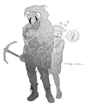 2others ? arm_guards armor averythemayo boots breastplate catnip_cataria cloak d3rlord3 floral_print full_body galea_helmet greyscale helmet highres holding holding_pickaxe jacket knight monochrome monster_boy multiple_others pickaxe sandals searching_for_a_world_that_doesn&#039;t_exist shirt shorts slime_boy spoken_question_mark standing tiptoes white_shirt