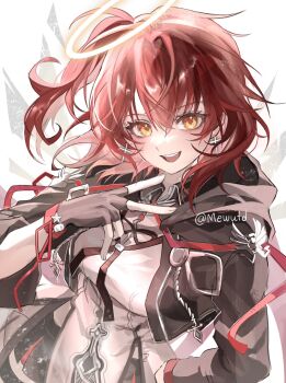 1girl angel_wings arknights black_gloves exusiai_(arknights) exusiai_the_new_covenant_(arknights) fingerless_gloves gloves hair_between_eyes halo highres looking_at_viewer mewutd official_alternate_costume official_alternate_hair_length official_alternate_hairstyle red_hair simple_background solo thighs twitter_username v white_background wings yellow_eyes