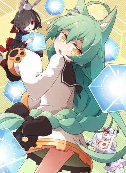 Rule 34 | > <, 3girls, :d, \o/, ahoge, akaino (akaomi), akashi (azur lane), animal ear fluff, animal ears, arms up, azur lane, black bow, black kimono, black sailor collar, blush, bow, braid, brown eyes, brown hair, closed eyes, commentary request, cube, dress, fake animal ears, green hair, hair between eyes, hair bow, hair over one eye, half updo, holding, japanese clothes, kimono, long hair, long sleeves, low-tied long hair, multiple girls, open mouth, outstretched arms, parted lips, rabbit ears, red eyes, sailor collar, sailor dress, shiranui (azur lane), sleeves past fingers, sleeves past wrists, smile, socks, strapless, strapless dress, thick eyebrows, thighhighs, universal bulin (azur lane), very long hair, white dress, white hair, white legwear, wide sleeves, wisdom cube (azur lane), wrist cuffs, xd