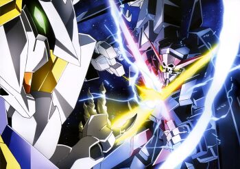 anchor artificial_eye artist_request battle beam_rifle commentary energy_beam energy_gun energy_sword english_commentary face-to-face fighting fighting_stance grappling_hook green_eyes gun gundam gundam_age gundam_age-2 gundam_age-2_darkhound gundam_legilis gundam_perfect_file highres holding holding_beam_saber holding_gun holding_sword holding_weapon hook lightning lightning_background mecha mechanical_eye mechanical_hands mobile_suit official_art robot space star_(sky) sword v-fin weapon yellow_eyes