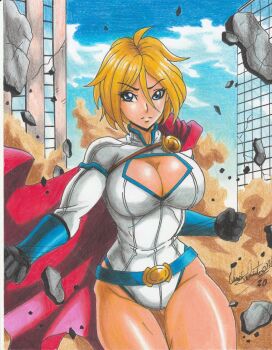 1girl 2020 blonde_hair blue_eyes breasts cape cleavage cleavage_cutout clothing_cutout dc_comics destruction frown gloves highres kara_zor-l karen_starr large_breasts leotard power_girl ravernclouk_design short_hair solo superman_(series) thick_thighs thighs traditional_media white_leotard
