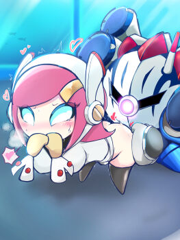 Rule 34 | 1boy, 1girl, absurdres, antennae, aquarium, armor, ass, bent over, black thighhighs, blue background, blue eyes, blue footwear, blush, bottomless, breasts, butt crack, buttons, covered erect nipples, covering own mouth, doggystyle, gauntlets, gloves, glowing, glowing eye, grabbing another's ass, groping, hair ornament, hairclip, headphones, heart, heart (symbol), heavy breathing, hetero, highres, hood, kirby: planet robobot, kirby (series), large breasts, mask, mecha, mecha knight, meta knight, mittens, nintendo, no humans, no pupils, pauldrons, payot, pink hair, pussy juice, pussy juice drip, robot, sex, sex from behind, shoulder armor, shunkoro paladin, single eye, spoken heart, standing, standing sex, susie (kirby), sweat, tearing up, thighhighs, trembling, vaginal, wet, white mittens, wrist cuffs, yellow gloves, yellow mittens
