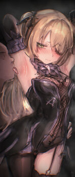 1boy 1girl absurdres armpits arms_behind_head asymmetrical_legwear autreeyah black_background black_bridal_gauntlets black_collar black_garter_straps black_ribbon blonde_hair blush bodystocking bow bowtie breasts bridal_gauntlets brown_pantyhose brown_thighhighs closed_mouth collar commentary cowboy_shot embarrassed eyepatch faceless faceless_male fischl_(genshin_impact) fishnet_bodystocking fishnets garter_straps genshin_impact green_eyes hair_over_one_eye hair_ribbon hand_on_another's_hip highres lace-trimmed_collar lace_trim licking licking_armpit long_hair looking_at_another pantyhose presenting_own_armpit purple_bow purple_trim ribbon signature single_bridal_gauntlet single_leg_pantyhose single_thighhigh small_breasts steam tailcoat thighhighs tongue two_side_up