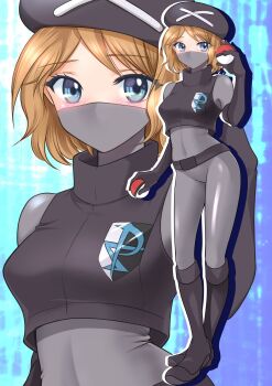 1girl black_boots black_gloves black_hat blue_background blue_eyes blush bodysuit boots breasts brown_hair commentary_request commission contrapposto cosplay drop_shadow elbow_gloves gloves grey_bodysuit hat highres holding holding_poke_ball looking_at_viewer mask maskmaya1 medium_breasts mouth_mask nintendo poke_ball poke_ball_(basic) pokemon pokemon_bw2 pokemon_xy serena_(pokemon) skeb_commission skin_tight solo team_plasma_grunt team_plasma_grunt_(cosplay) zoom_layer