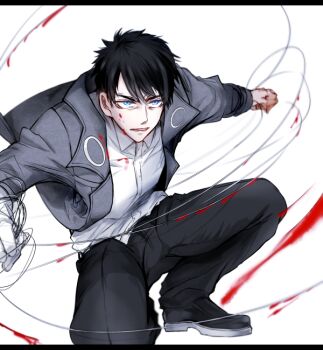 Rule 34 | 1boy, aged down, black hair, black pants, blood, blood on clothes, blood on face, blood on hands, blood spray, bloody weapon, blue eyes, clenched hands, coat, dress shirt, facing to the side, gangsta, garrote, grey coat, high collar, holding, holding weapon, looking ahead, male focus, marco adriano, on one knee, open clothes, open coat, outstretched arms, pants, shirt, takuyasaeki, untucked shirt, weapon, white background, white shirt, wire