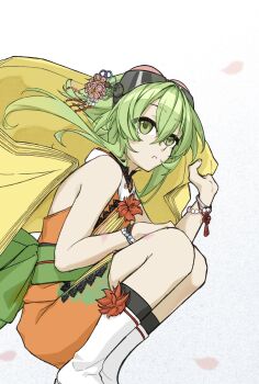 Rule 34 | 1girl, bare shoulders, bead bracelet, beads, boots, bracelet, coat, commentary, flower, from side, goggles, goggles on head, green eyes, green hair, green sash, gumi, hair flower, hair ornament, highres, hiyake sunshine, japanese clothes, jewelry, kimono, obi, orange kimono, sash, sitting, sleeveless, sleeveless kimono, solo, squatting, vocaloid, white boots, yellow coat