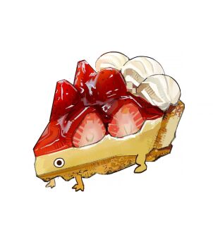 cake cream creature creature_focus food fruit full_body highres original ramon_nunez simple_background sliced_fruit solo strawberry white_background