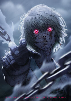 1boy absurdres artstation_username blood blood_on_face chain earrings fighting_stance glowing glowing_eyes grey_theme highres hunter_x_hunter instagram_username jewelry kurapika long_sleeves looking_at_viewer male_focus manip motion_blur official_alternate_costume red_eyes serious shirt short_hair solo upper_body wind